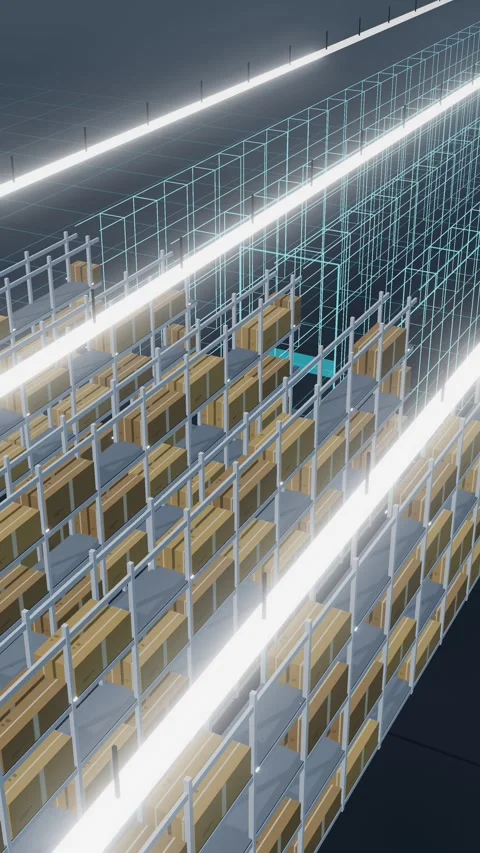 Vertical Digital Twin Wireframe Replacing A Half Empty Warehouse Rack Run From Video stock 344640386