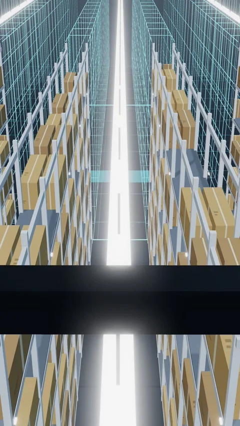 Vertical Digital Twin Wireframe Replacing A High Bay Storage Hall Above The Stock Footage 344640528