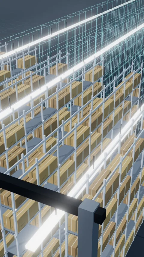 Vertical Digital Twin Wireframe Replacing A High Bay Storage Hall From A High Stock Footage 344640623