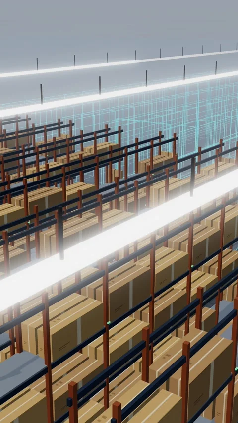 Vertical Digital Twin Wireframe Replacing A Wide Warehouse Rack Field From The Stock Footage 344640626