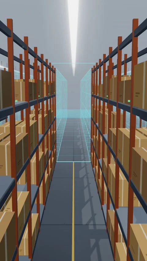 Vertical Digital Twin Wireframe Replacing A Wide Warehouse Rack Field From The Stock Footage 344640791