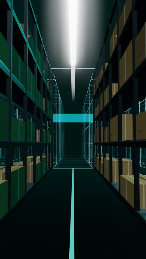 Vertical Digital Twin Wireframe Replacing The Racking Down A Warehouse Aisle At Stock Footage 344640901
