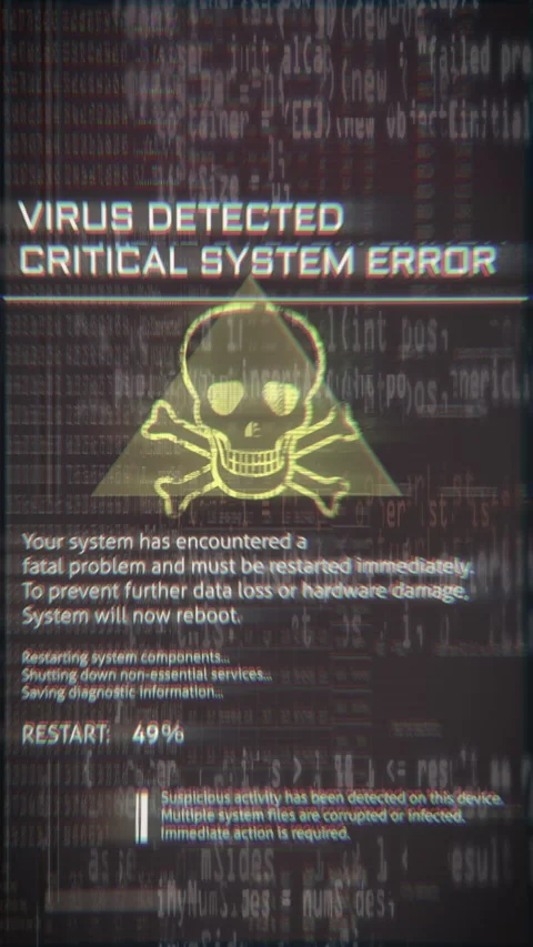 Vertical digital warning screen showing virus detection alert, critical system Stock Footage 328698945
