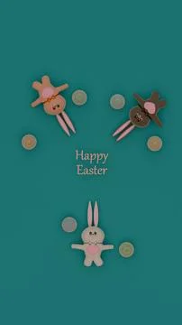 Vertical Display of Three Easter Bunnies with Six Decorative Eggs Stock Illustration