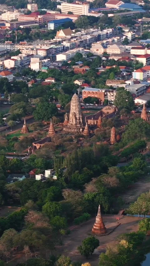 Vertical distant drone view of the ancient ruins of Wat Ratchaburana in Stock Footage 317375502