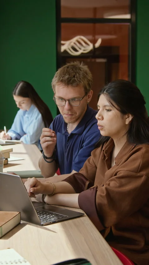 Vertical of Diverse College Students Collaborating on Laptop in Classroom Stock Footage 342126692