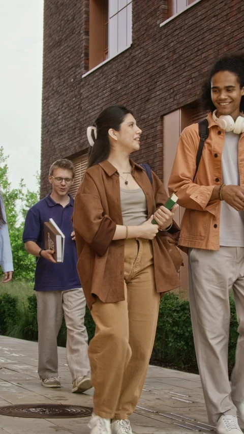 Vertical of Diverse College Students Walking Together near Campus Building Stock Footage 342111970
