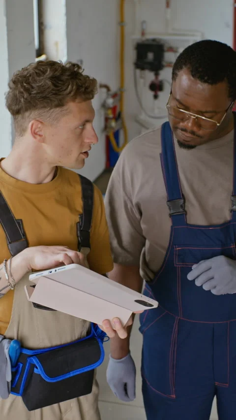 Vertical of Diverse Male Builders Using Tablet during Home Renovation Stock Footage 340612235