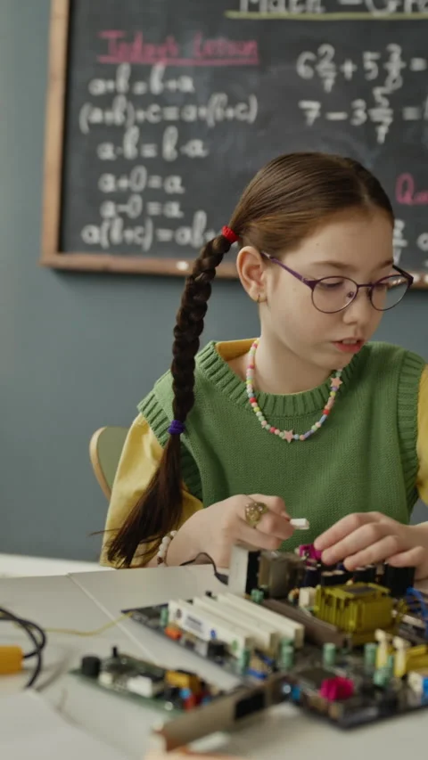 Vertical of Diverse Schoolkids Collaborating on Electronics Project in Class Stock Footage 340547832