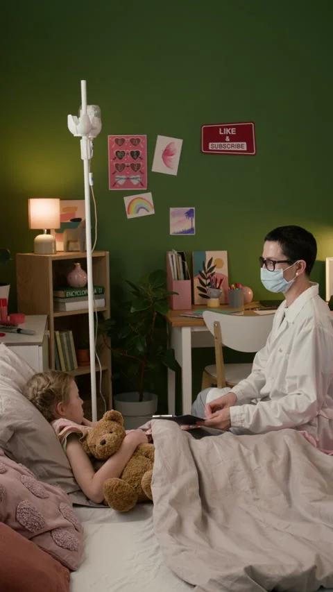 Vertical of Doctor Adjusting IV Drip Stand and Sitting Down on Bed Next to Child Stock Footage 335471421