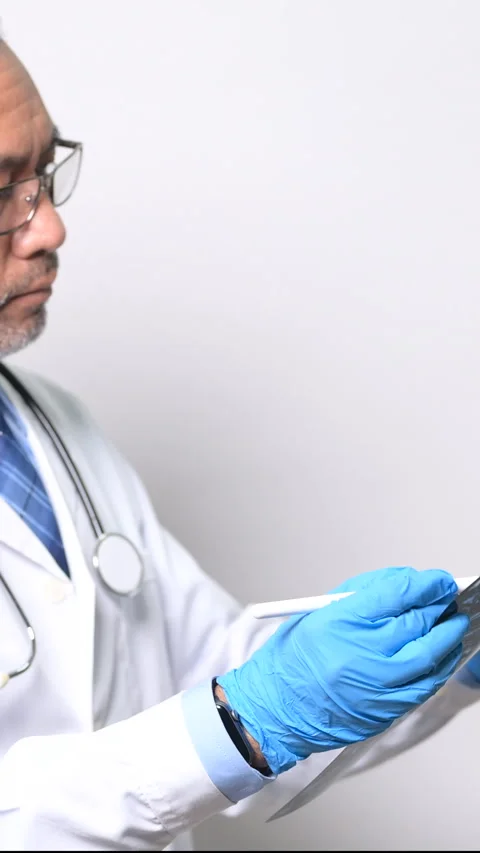 Vertical, A doctor is looking at a CT scan of a patient's head. Stock Footage 274945315