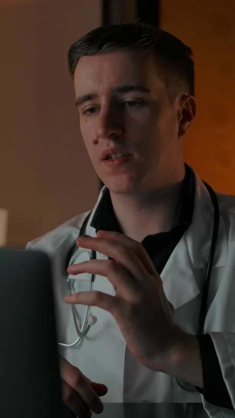 Vertical of Doctor talks about treating a patient through an online conference Stock Footage 276922271