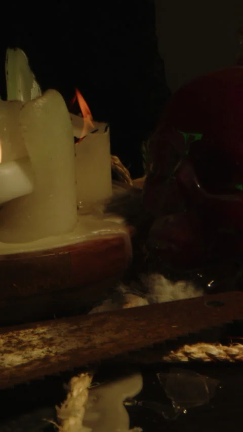 Vertical dolly in of a blood filled skull on a eerie occult altar surrounded by 스톡 동영상 336321122