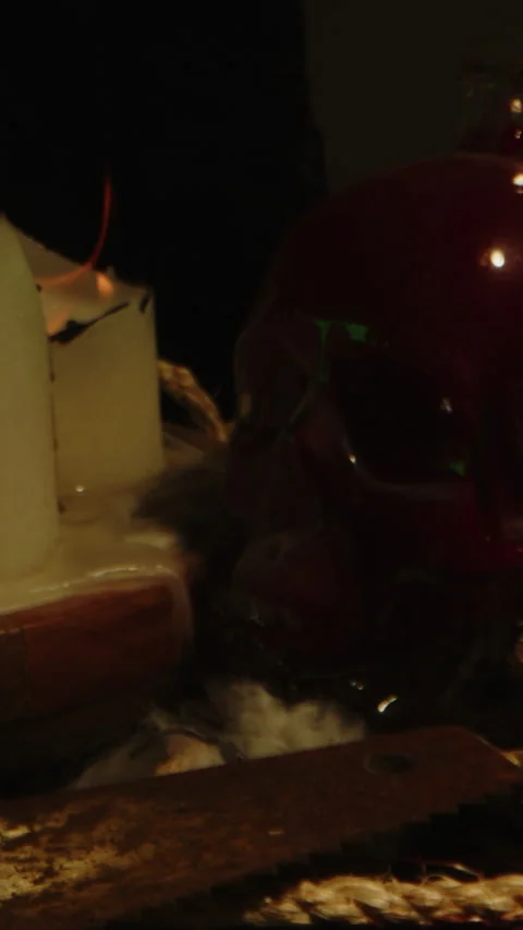 Vertical dolly in of a blood filled skull on a eerie occult altar surrounded by Video stock 336321337