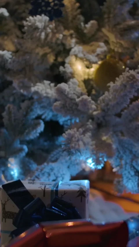 Vertical of Dolly shot from Christmas tree top to presents boxes. Stock Footage 276923452
