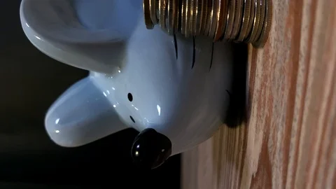 Vertical. Dolly shot. Close up.  Blue piggy bank in the form of a mouse Stock Footage 120542830