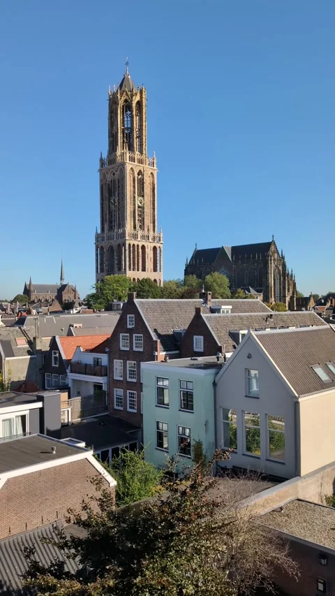 Vertical Dom Tower and cityscape in Utrecht and historic buildings Stock Footage 326184268
