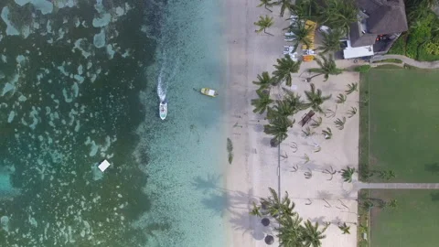 Vertical Down Drone Shot of Tropical Beach with Boat, Palm Trees, and Reef 스톡 동영상 297049179