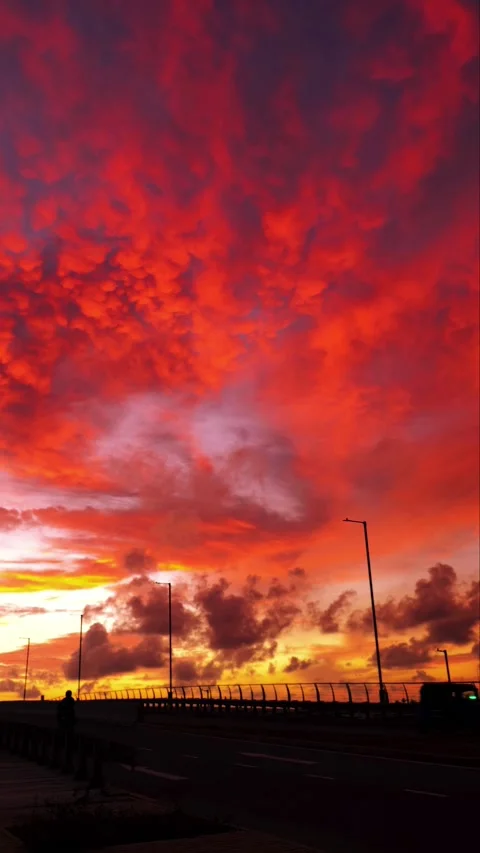 Vertical Dramatic Fiery Red Clouds at Sunset Over City Road and Street Light Stock Footage 331850749