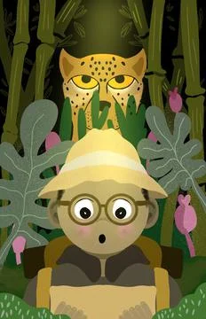 Vertical drawing of a cute boy explorer and a leopard in a jungle Stock Illustration