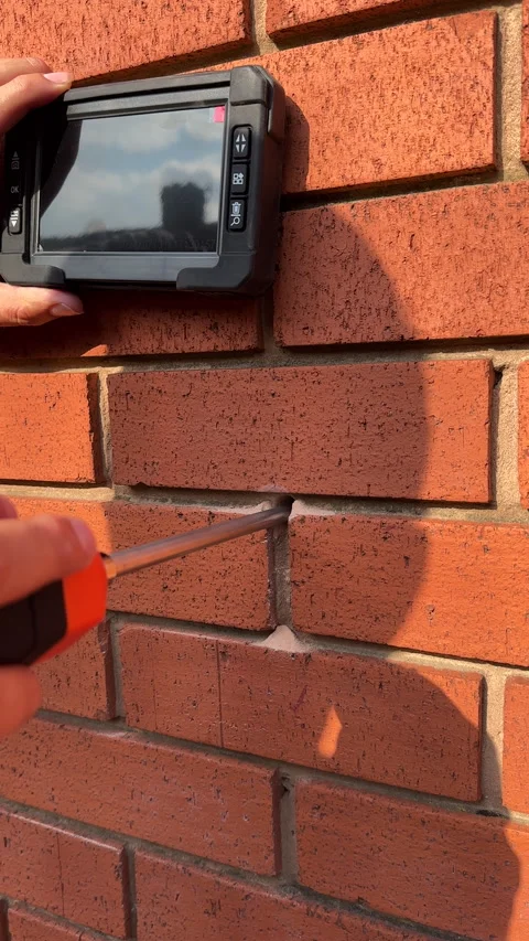 Vertical. Drilling hole in wall, pushing camera in to check the cavity on screen Vídeos de archivo 303014417
