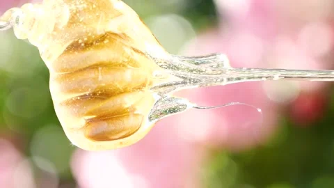 Vertical dripping and pouring natural honey from wooden dripper over pink flower 動画素材 231285934