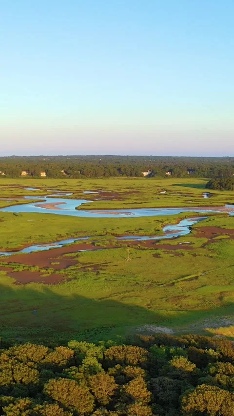 Vertical Drone Aerial Over Cape Cod Salt Marsh and Tidal Creeks Stock Footage 328066443