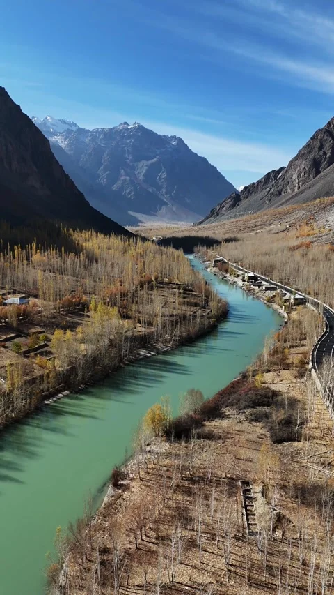 Vertical drone aerial of road by the river lined with autumn trees in Suru in Stock Footage 310662019