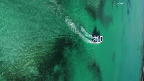 Vertical Drone aerial top view of catamaran with tourists sailing in open sea Stock-Footage 266439476