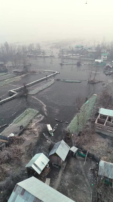 Vertical drone capture of Dal Lake frozen solid at -5°C in the heart of Stock Footage 311020032