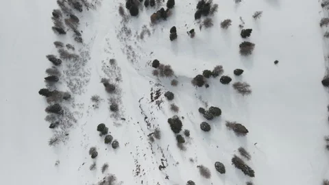 Vertical Drone Descent Over Snowy Alpine Slope Stock Footage 336966980