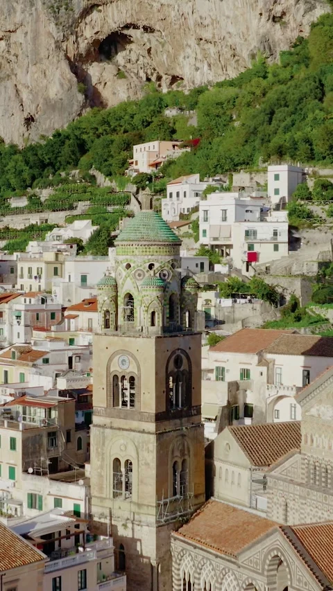 Vertical Drone Flight Orbiting Amalfi Cathedral Bell Tower of Saint Andrew Stock Footage 330989845