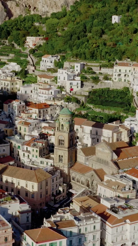 Vertical Drone Flight Orbiting Cathedral of Saint Andrew in Amalfi Town Stock Footage 330989878