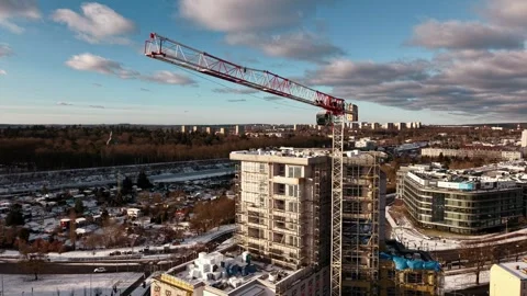 Vertical drone flight over crane and construction site, Szczecin Stock Footage 326234282
