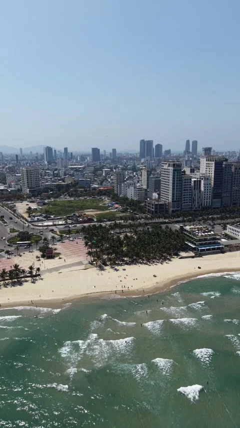 Vertical Drone Flight Over Da Nang Beach Coastline, Vietnam Stock Footage 336383284