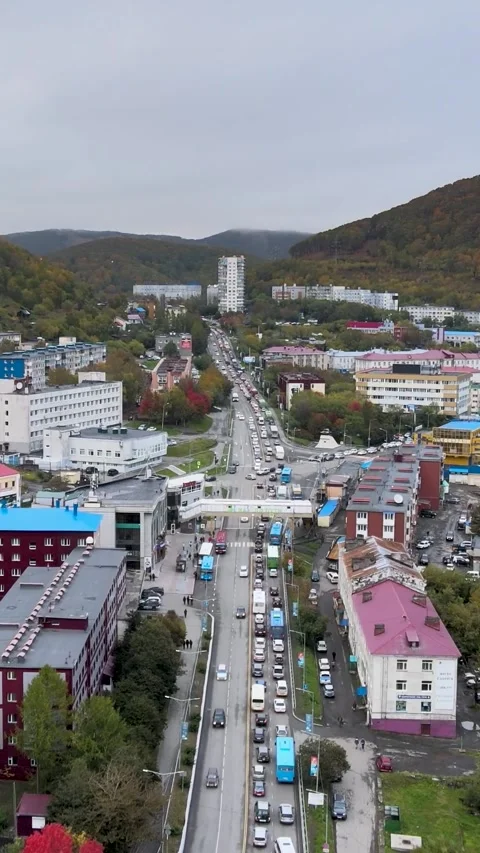 Vertical Drone Flight Over Petropavlovsk-Kamchatsky City Road Stock Footage 339104550