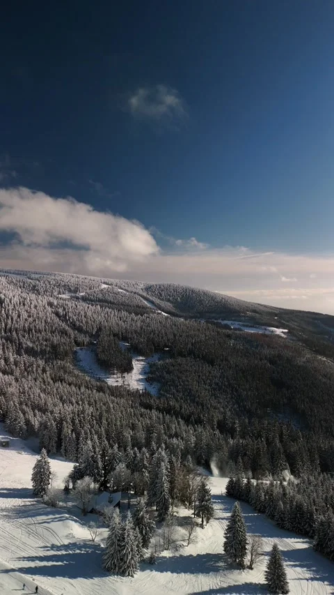 Vertical Drone Flight Over Snowy Forest at Klinovec Ski Resort Stock Footage 325854448