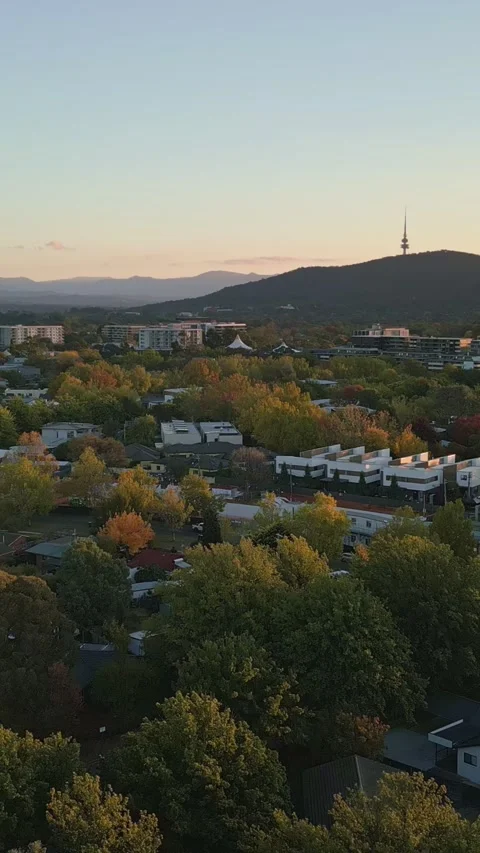 Vertical drone flying backwards Canberra city Black Mountain Tower development Видео 328472631