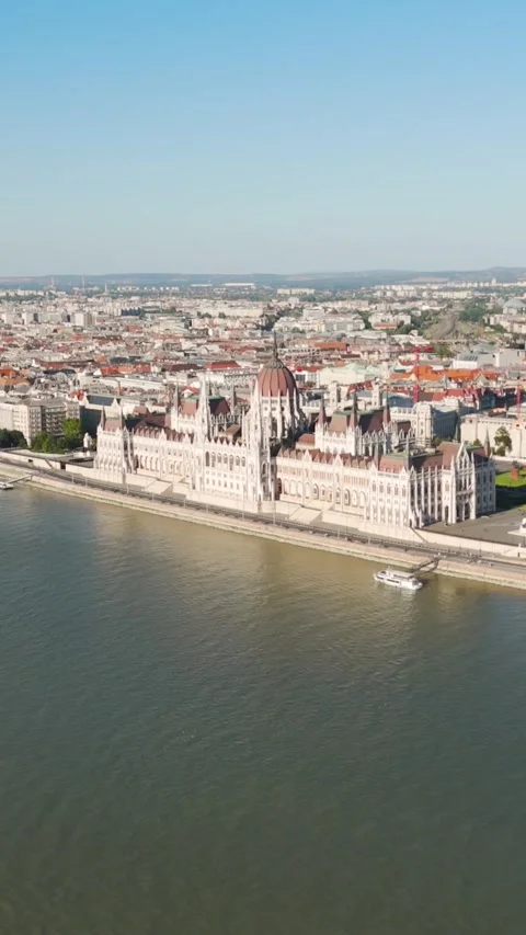 Vertical Drone Flying Over the Danube Orbiting the Hungarian Parliament Building Stock-Footage 318059423