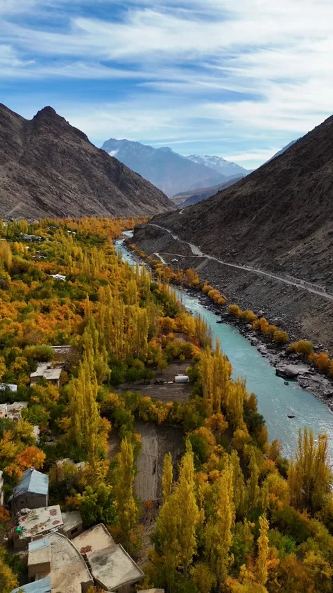 Vertical drone flying over Kargil’s riverbanks in golden autumn light. Stock Footage 310664580