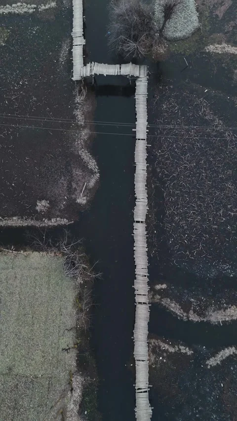 Vertical drone flying over the network of frozen wooden crossings in Dal Lake’s Stock Footage 311020024