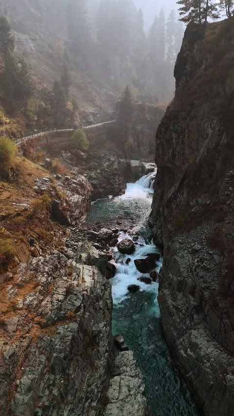 Vertical drone footage capturing the calm stream nestled between Kashmir’s Stock Footage 311152290