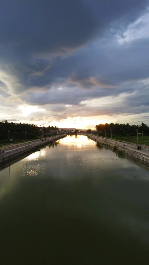 Vertical Drone Footage of River with sunset Stock Footage 277454647