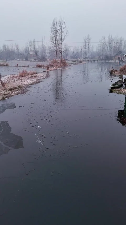 Vertical Drone gliding over a Dal Lake frozen in time and silence. Stock Footage 311019731