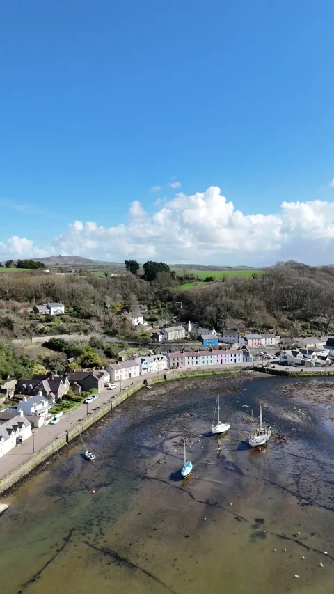 Vertical Drone of Lower Town Fishguard Houses and Boats, Wales UK Stock-Footage 332073040