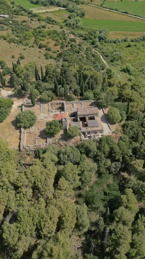 Vertical drone orbit around the ancient archaeological site of Necromanteion Stock-Footage 347417225