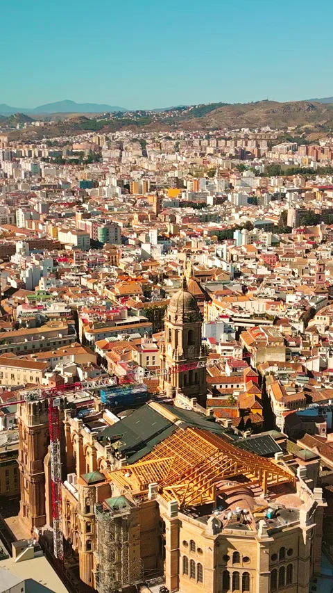 Vertical drone orbit around Málaga Cathedral, Gothic architecture in historic Stock Footage 334016384