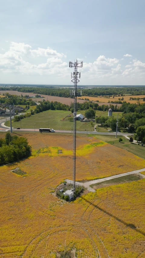 Vertical Drone Orbit of Cell Tower Over Rural Farmland Video stock 317210106