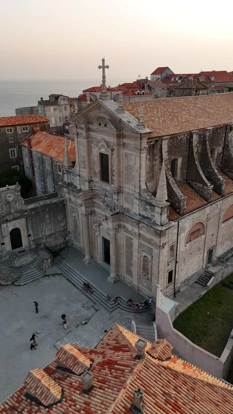 Vertical Drone Orbit of St Ignatius Church Facade in Dubrovnik Dusk 4K Stock Footage 337850535