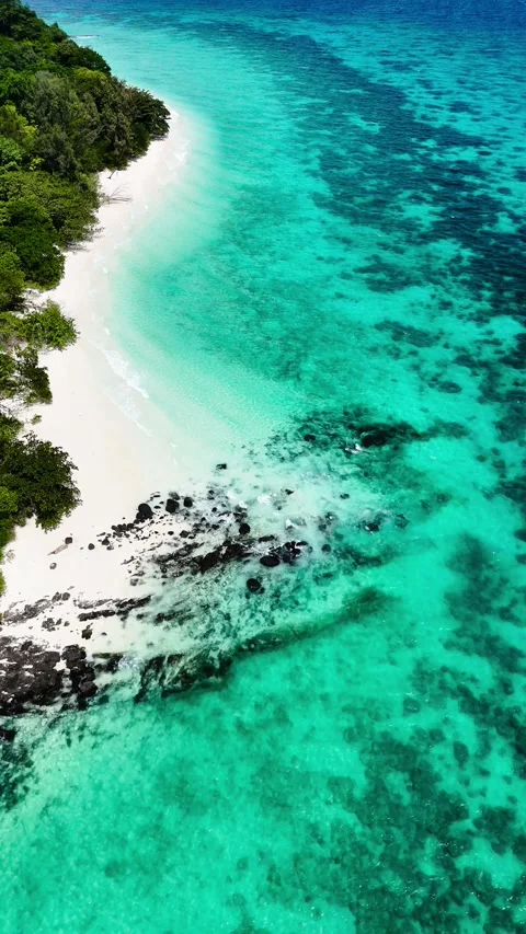 Vertical drone over turquoise water and white beach, Koh Rok – 4K Stock Footage 325022398